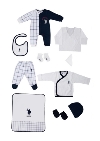 10 Piece Set for Newborns, Cream with Navy Plaid for Toddlers USB1074 Us Polo Asnn