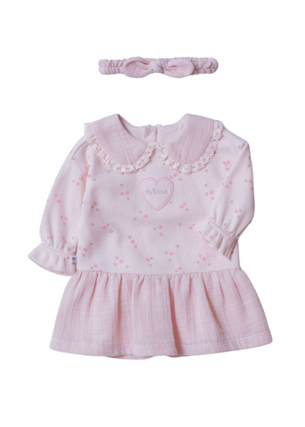 Pink Dress with Long Sleeves with Collar and Ruffle in Muslin 9542 Mell Sweet Baby