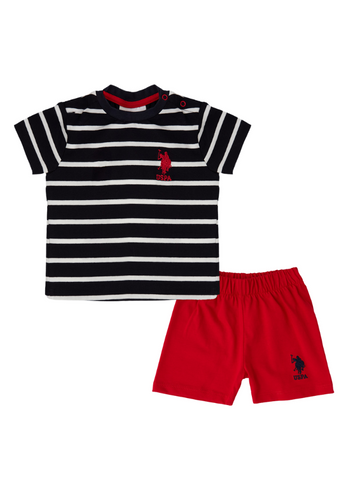 Set 2 Piese Tricou Dungi Bleumarin cu Alb si Pantaloni Scurti Rosii USB1906 V1 Us Polo Assn