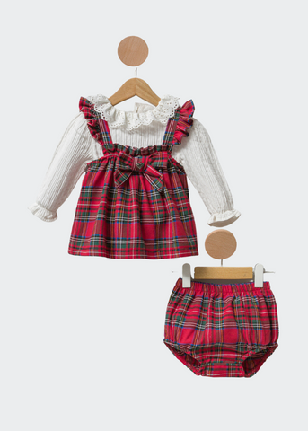 3 Piece Set - Red Plaid Top and Panty and White Blouse with Collar for Girls 3356 Cumino