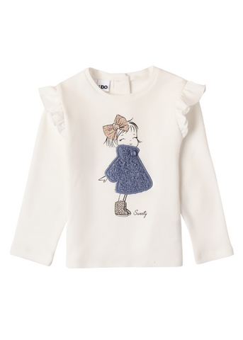 Cream Blouse for Girls, with Long Sleeves and Blue Girl Print 7643 iDO