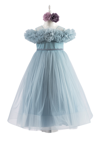 Long Blue Tulle Ceremony Dress with Ruffles on Bust 6012 Lugu