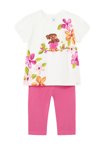 Set of 2 Pieces, White T-shirt with Flower Print and Magenta Tights 1736 Mayoral