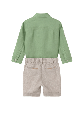 Linen 2 Piece Set, Green Shirt and Beige Shorts 5253 Abel & Lula