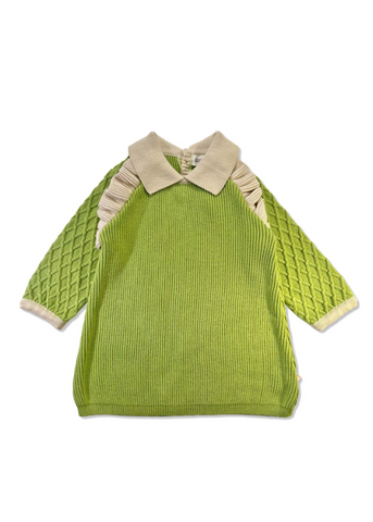 Knitted Cotton Dress, Green with Long Sleeves and Beige Collar 21173 Patique
