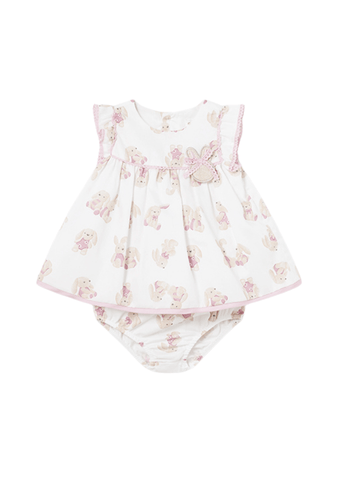White and Pink Rabbit Print Dress with Panties 1807 Mayoral