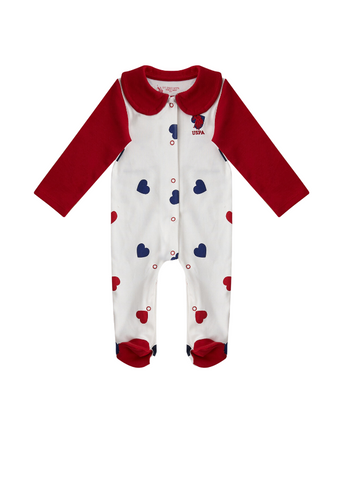 Ivory Cotton Romper with Red Collar and Sleeves and Heart Print for Girls USB1640 Us Polo Assn
