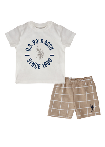 2 Piece Set, Cream T-Shirt and Beige Plaid Shorts 1902 V1 Us Polo Assn