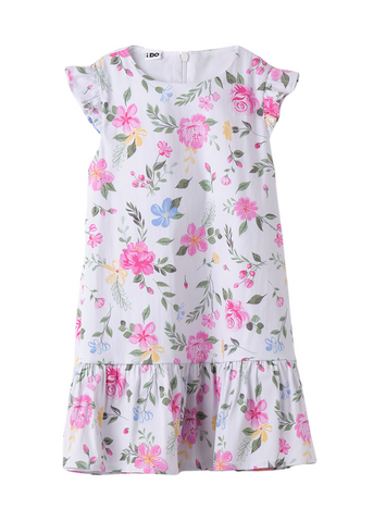 White Dress with Fuchsia Flower Print with Short Sleeve 8752 iDO