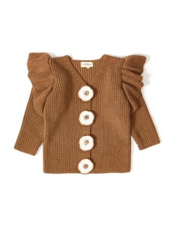 Knitted Cardigan for Girls, Brown with Buttons and Crocheted Flowers 21049 Patique