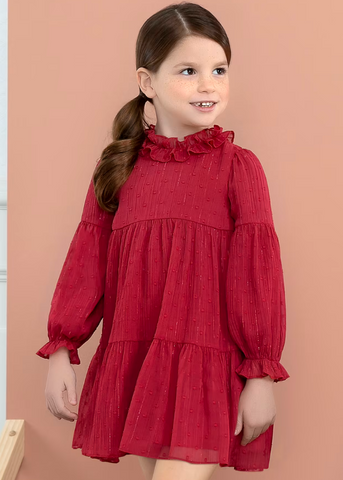 Long Sleeve Dress in Red Voile with Ruffles at the Collar