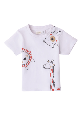 White Short-Sleeve T-Shirt with Lion and Giraffe Print 8613 iDO