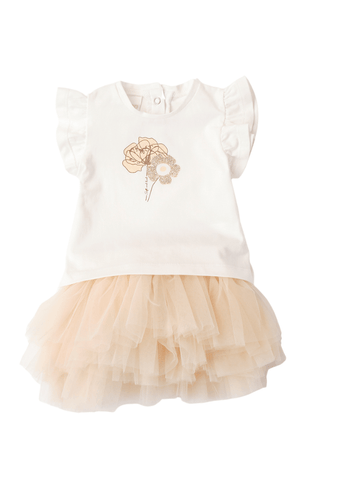Set of 2 Pieces, Cream Short Sleeve T-Shirt and Beige Tulle Skirt 8150 iDO