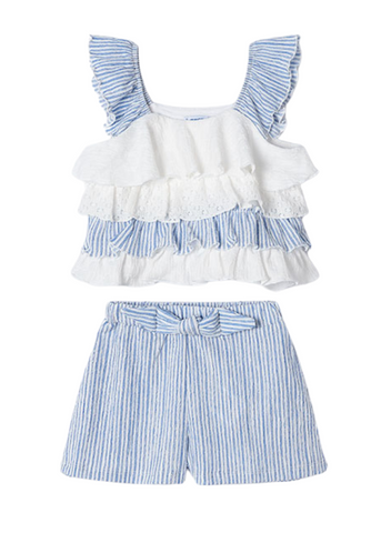 2 Piece Set, Top with Ruffles and Shorts White with Blue Stripes 3259 Mayoral