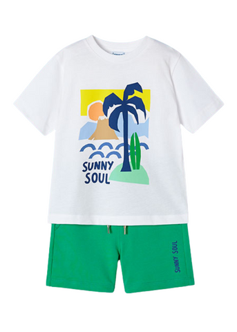 Set of 2 Pieces, White T-shirt with Palm Trees and Green Shorts 3602 Mayoral