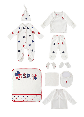 10 Piece Set for Newborns, Ivory with Heart Print for Girls USB1631 Us Polo Asnn