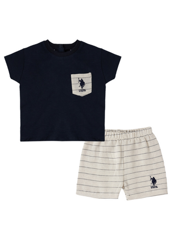 2 Piece Set Navy Blue Pocket T-Shirt and Navy Stripe Cream Shorts USB1872 V1 Us Polo Assn