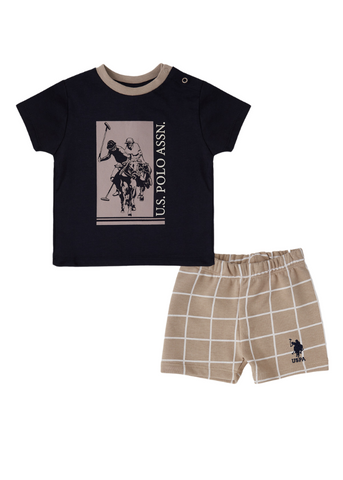 2 Piece Set, Navy T-Shirt and Beige Plaid Shorts 1900 V1 Us Polo Assn
