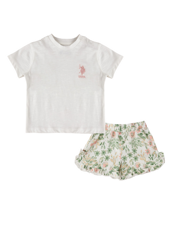 2 Piece Set, Ivory T-Shirt and Shorts with Pink and Green Flower Print 1998 Us Polo Assn
