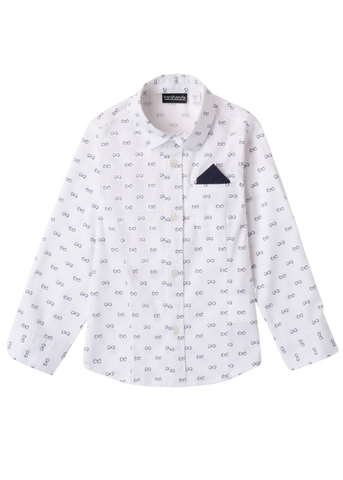 Long Sleeve White Shirt for Boys with Navy Blue Glasses Print 7131 Sarabanda