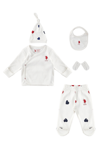 Newborn 5 Piece Set, Ivory with Red and Navy Hearts Print for Girls USB1630 Us Polo Assn