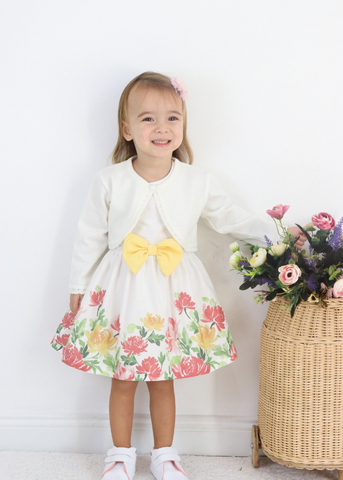 Ivory Dress with Straps on the Back Yellow Bow and Flower Print with Bolero M0678 Connie Baby