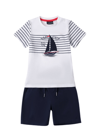 2 Piece Set, White T-Shirt with Boat Print and Navy Blue Shorts 8152 Sraabanda