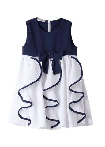 Dress with Navy Blue Bust and White Skirt with Ruffles 8338 Sarabanda