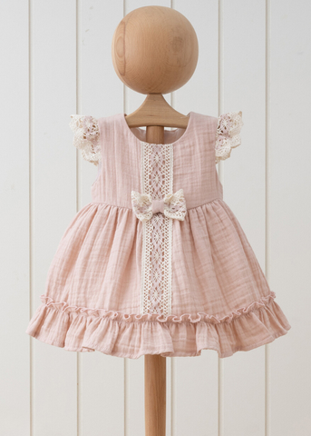 Dress in Salmon Muslin with Macrame Application and Bow at Waist 3896 MyMio