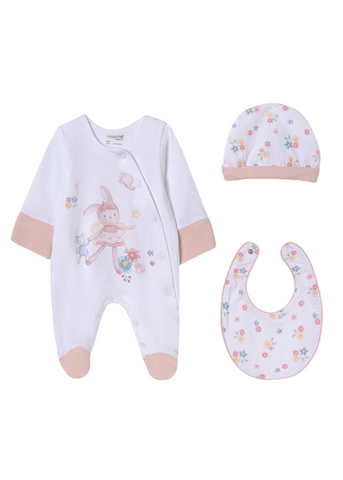 Set of 3 Pieces, Long Jumpsuit, Fes and White Bib with Pink and Rabbit Print Better Cotton 9448 Mayoral