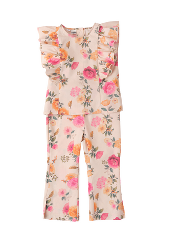 2 Piece Set, Short Sleeve T-Shirt and Long Pants Powder Pink with Orange Flower Print 8285 iDO