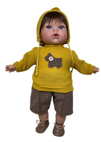 Bietel Lucas Satin Baby Doll with Mustard Sweater and Hat and Brown Shorts, 45 cm 1802 Nines