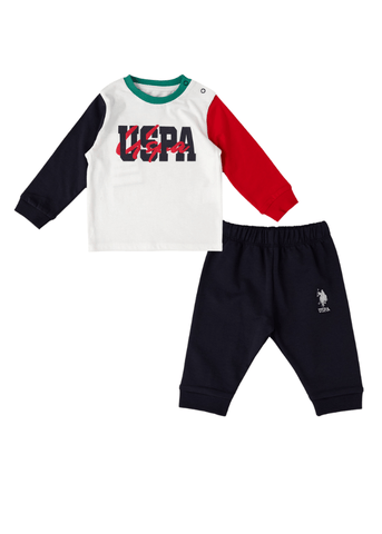 2 Piece Set, Navy and Red Long Sleeve Cream Blouse and Navy Long Pants 1824 V1 Us Polo Assn