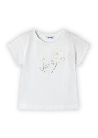 Ivory Short Sleeve T-shirt with Embroidery and Flower Print 3083 Mayoral