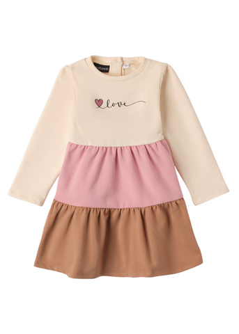Cream Casual Dress with Long Sleeves and Ruffles Pink with Beige 7227 Sarabanda