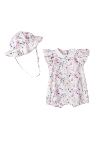 White Short Jumpsuit with Flower Print and Hat 8715 Minibanda