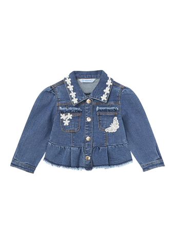 Denim Jacket with Ruffles and Embroidery Applique on Dark Blue Collar 1434 Mayoral