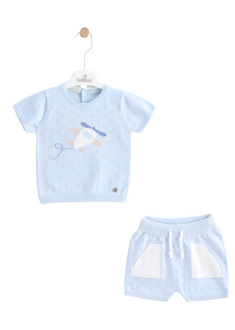 Set Tricotat 2 Piese Bleu cu Alb Bluza cu Maneca Scurta cu Avion si Pantaloni Scurti 8465 Leo King