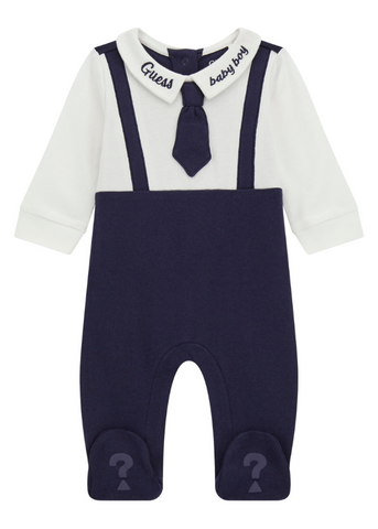 White Cotton Long Jumpsuit with Navy Blue Tie P4BG01 KBEG0 G018 Guess