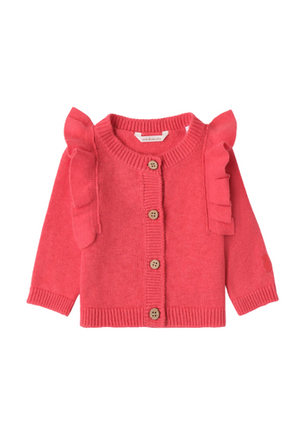 Knitted Cardigan for Girls, Coral Red with Ruffles on the Shoulders 7713 Miniband