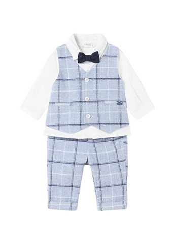 2 Piece Set for Boys, Shirt with Blue Plaid Vest and Navy Blue Bow Tie, Blue Plaid Pants 2520 Mayoral