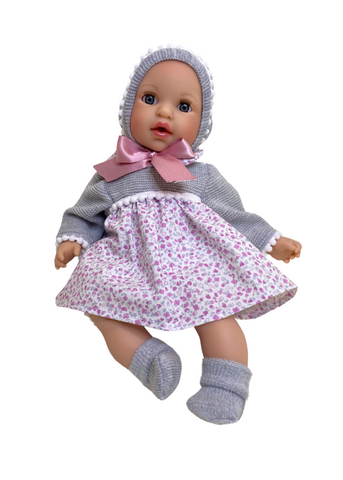 Baby Alex with Gray Dress with Purple Flowers and Gray Knitted Hat, 40 cm 1513 Nines