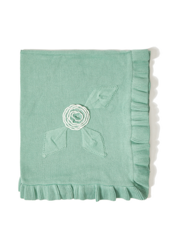 Cotton Knitted Blanket for Babies, Green with Ruffles and Flower 21003 Patique