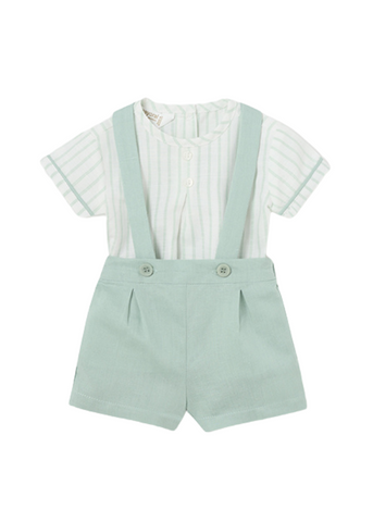 2 Piece Set, Short Green Linen Overalls with Suspenders and Short Sleeve Striped Shirt 1217 Mayoral