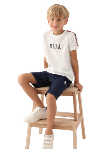 Set 2 Piese Tricou Ivory cu Logo si Pantaloni Scurti Bleumarin US1705-4 V1 Us Polo Assn