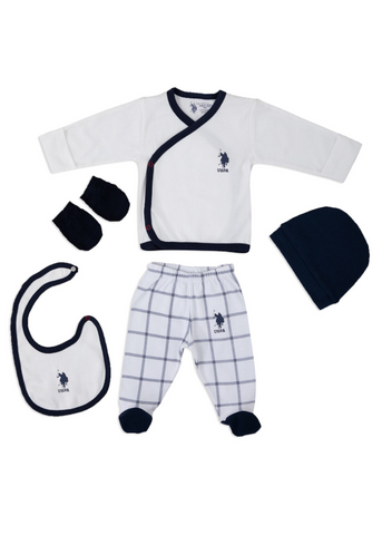 Set 5 Piese Nou-Nascuti, Crem cu Carouri Bleumarin USB1073 Us Polo Assn