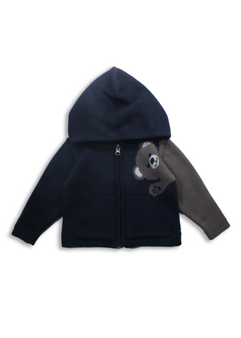 Knitted Hoodie for Boys, Navy Blue with Bear Print, Hood and Zipper 21152 Patique