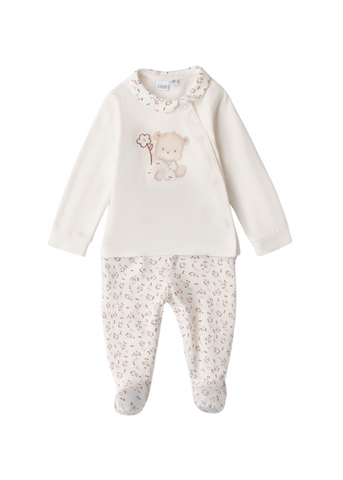 Set of 2 Cream Pajamas, Blouse with Bear and Pants with Beige Flower Print 8124 iDO