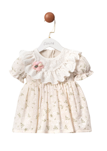 Cream Dress with Small Flower Print and Ruffle with White Embroidery on Bust 3466 Mino Baby