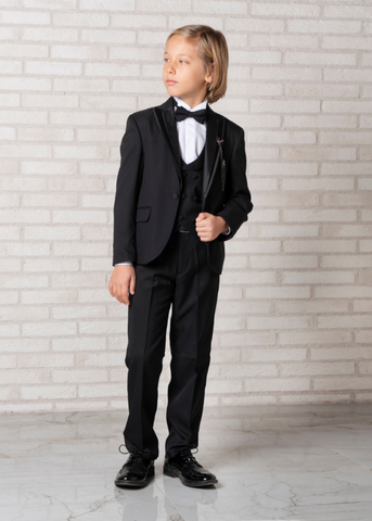 Costum Ceremonie Negru 5 Piese, Sacou cu Rever din Catifea, Vesta, Papion, Pantaloni si camasa Alba 20354 Little Gentleman